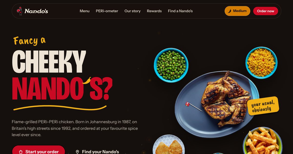 Homepage of the Nando's UK redesign concept